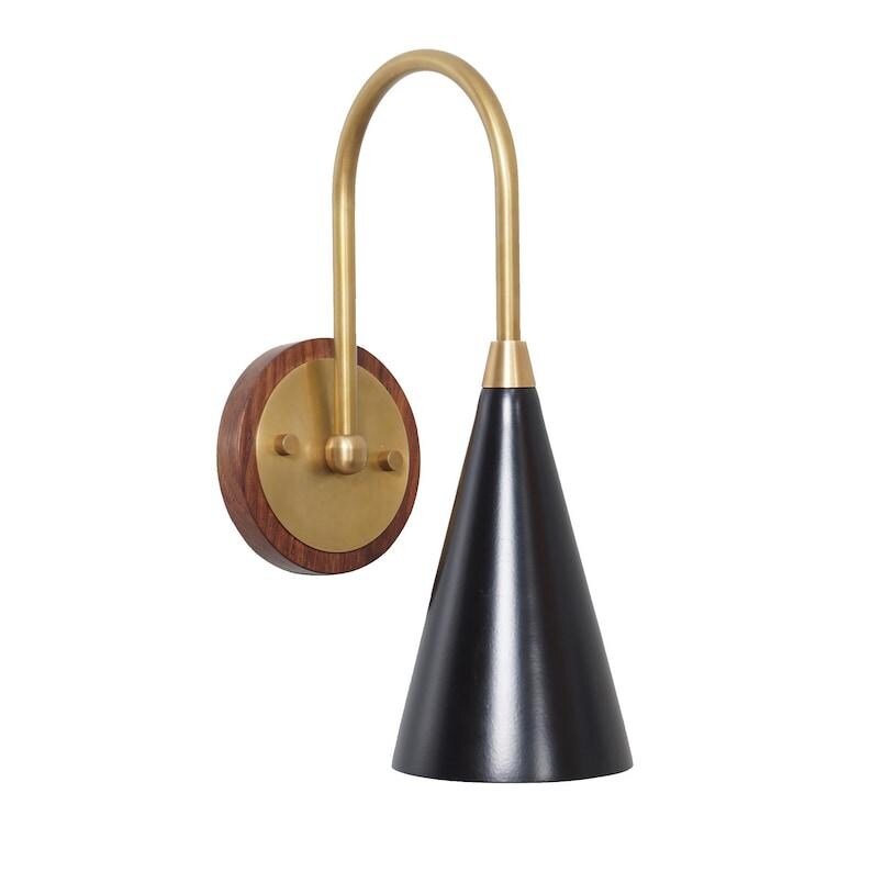 Mid Century Stilnovo Style Single Light Cone Shade Brass Wall Sconce Beside Wall Lamp Light Fixture