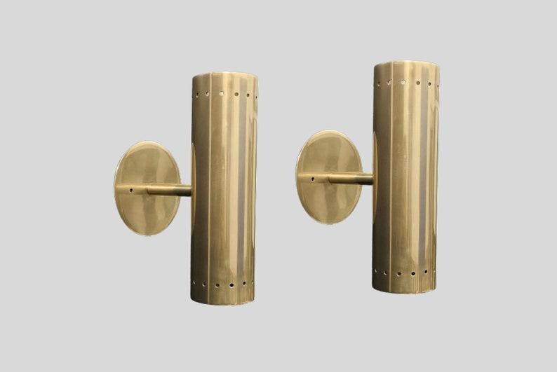 Pair of Mid Century Cylindrical Shape Raw Brass Finish - Italian Wall Light Sconce Fixtures - Bedroom Lights - Vanity Lamps
