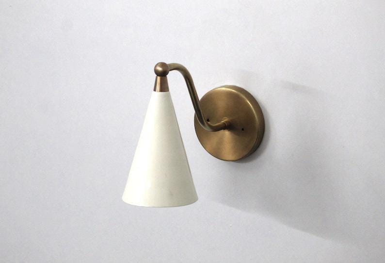 Brass Wall Light Sconce Mid Century - Raw Brass Finish with Matte White Cone Shade Fixtures - Bedroom Lights - Vanity Lamps
