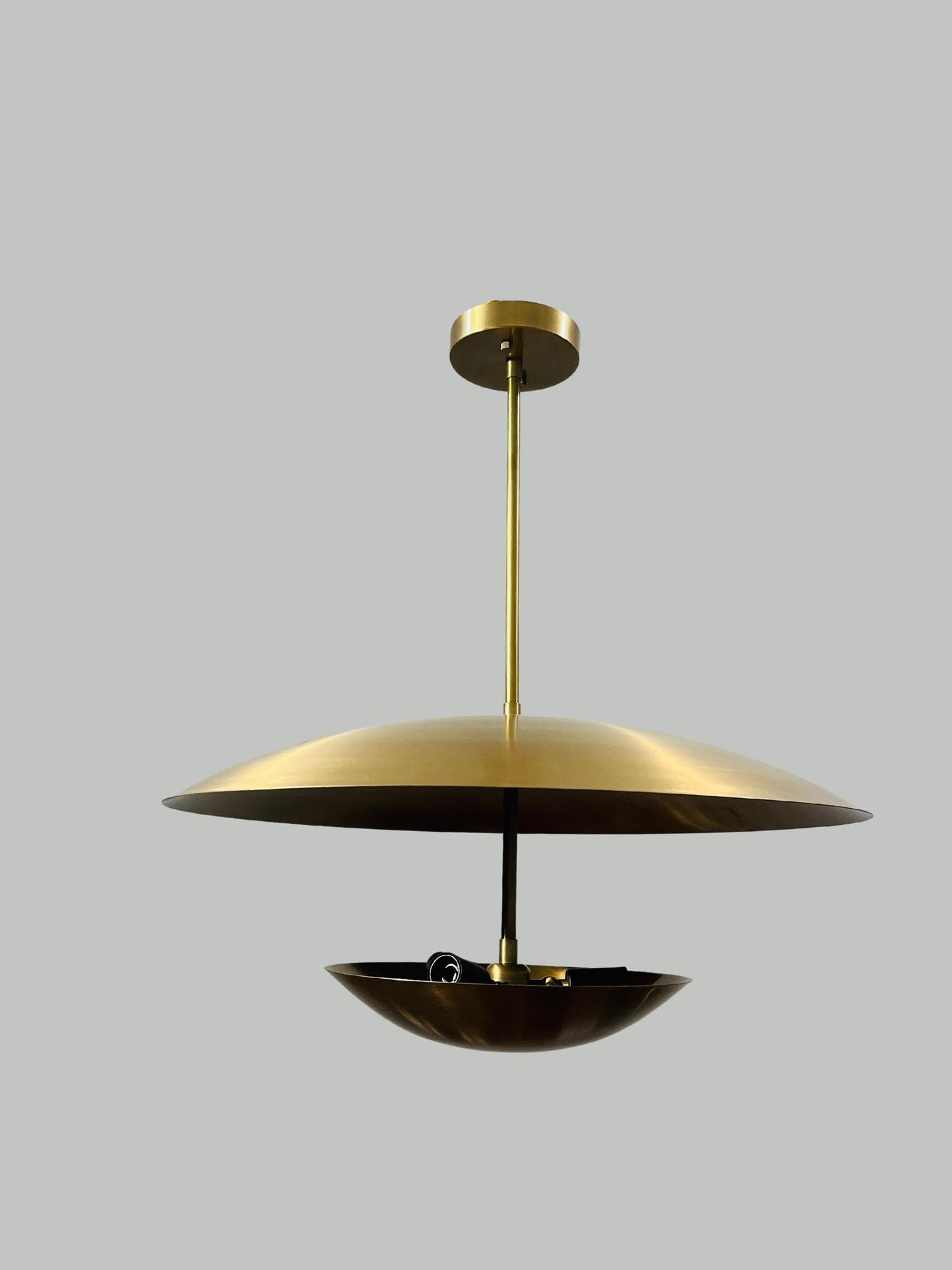 3 Light Modern Italian Brass Pendent ~ Flush Mount Chandelier Double Disk Shade ~ Inspired Lighting Fixture in Raw Brass Finish