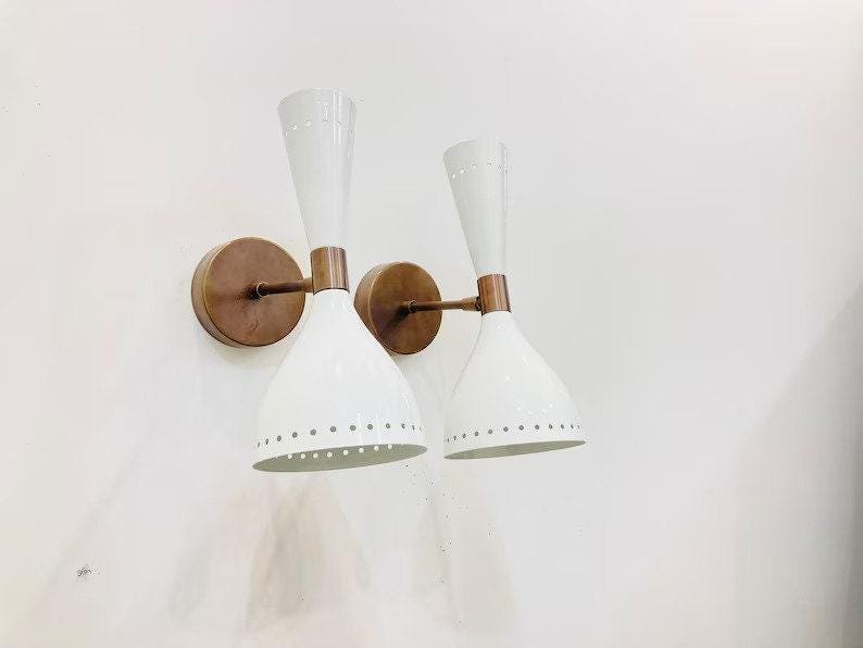 Pair Of  Sconce Mid Century Twin Bulb Wall Sconce Adjustable Raw Brass Wall Lamp Style Solid Brass White Shades