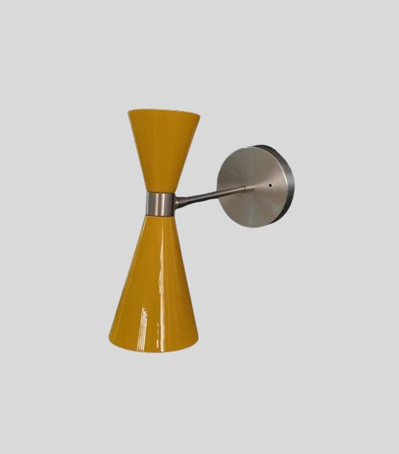Pair of Mid Century Yellow Cone Shade with Brushed Chrome Finish - Italian Wall Light Sconce Fixtures - Bedroom Lights - Vanity Lamps