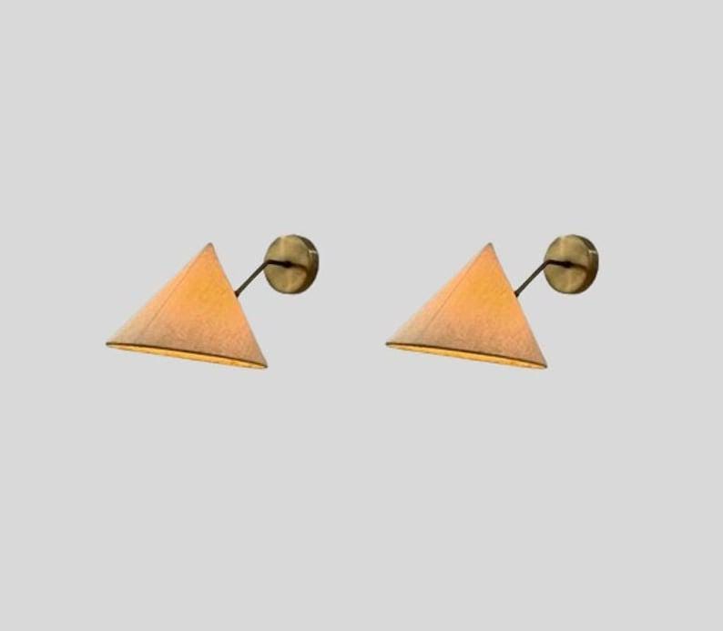 Pair of Wall Sconce Mid Century - Fabric Cone Shades - Brass Wall Lamp - Sputnik Inspired Design in Raw Brass Finish - Wall Light Fixture