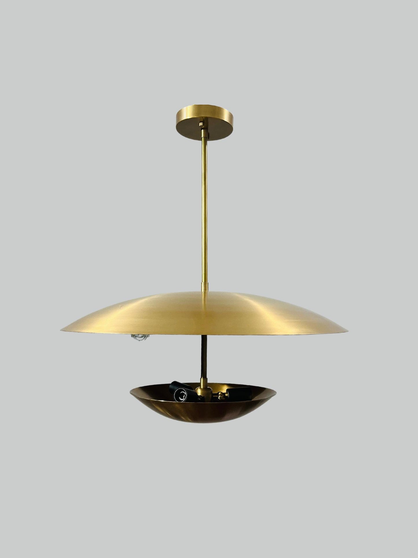 3 Light Modern Italian Brass Pendent ~ Flush Mount Chandelier Double Disk Shade ~ Inspired Lighting Fixture in Raw Brass Finish