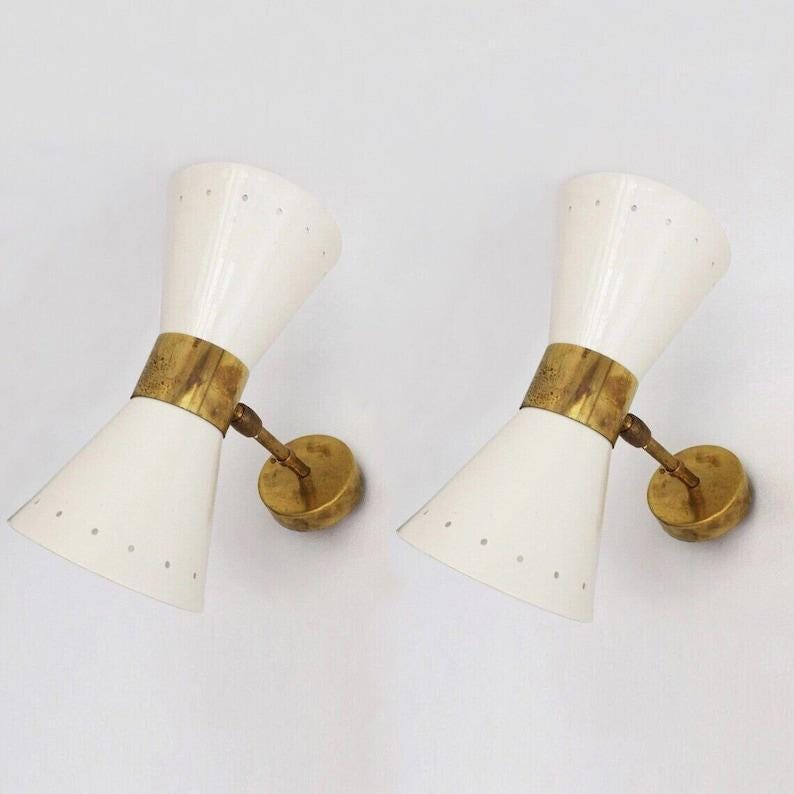 Pair Of Wall Sconce Light Lamp Italian Stilnovo Diablo White in Raw Brass Finish , Wall Lighting Vanity Lamp Bathroom Light Fixture
