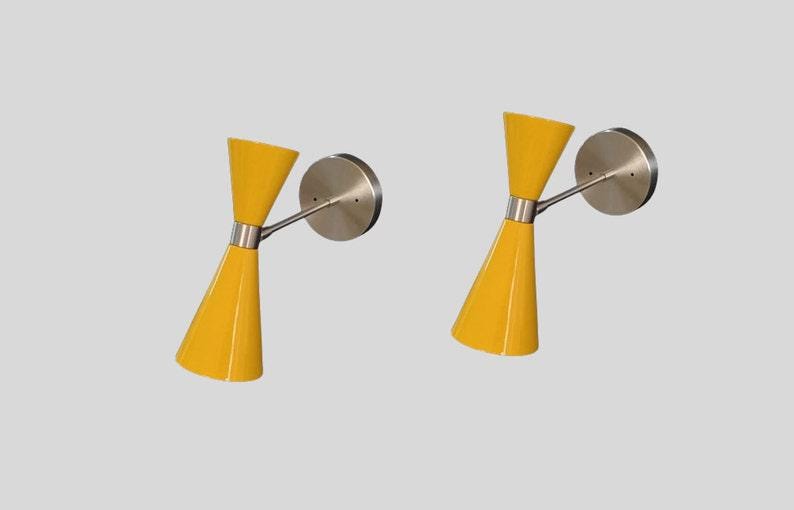 Pair of Mid Century Yellow Cone Shade with Brushed Chrome Finish - Italian Wall Light Sconce Fixtures - Bedroom Lights - Vanity Lamps
