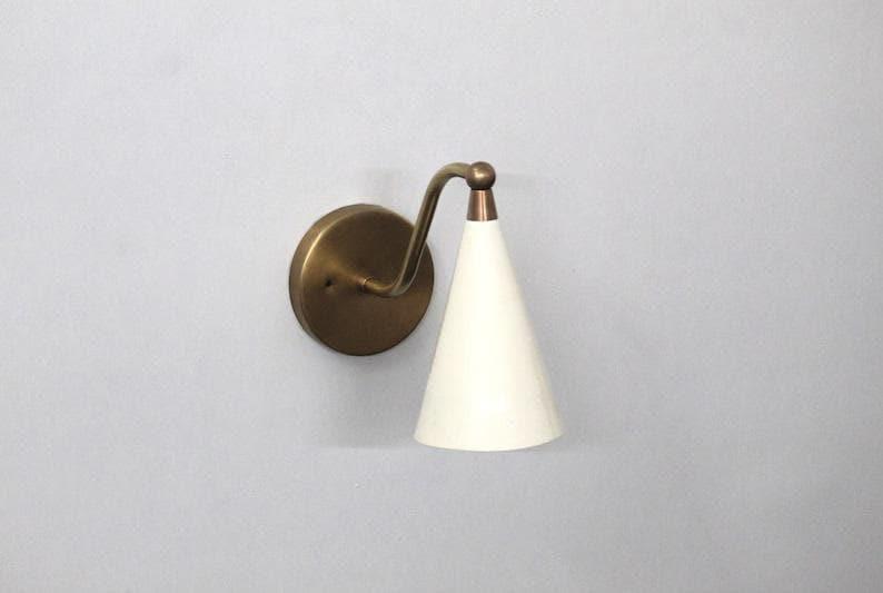 Brass Wall Light Sconce Mid Century - Raw Brass Finish with Matte White Cone Shade Fixtures - Bedroom Lights - Vanity Lamps