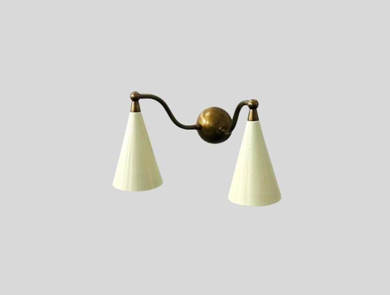 2 Light Mid Century Cone Shape - Antique Raw Brass Finish - Italian Wall Light Sconce Fixtures - Shinny White Shade - Bedroom Lights
