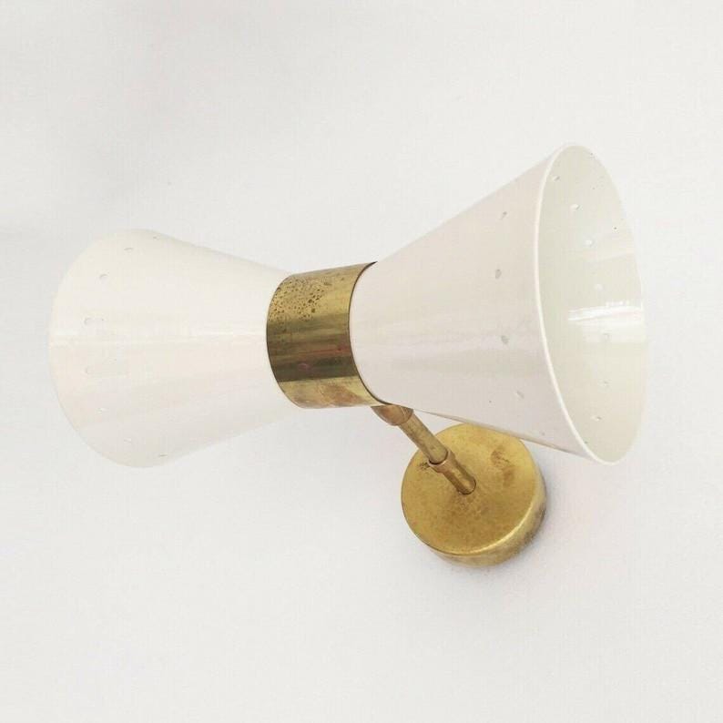Pair Of Wall Sconce Light Lamp Italian Stilnovo Diablo White in Raw Brass Finish , Wall Lighting Vanity Lamp Bathroom Light Fixture