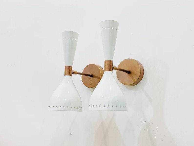 Pair Of  Sconce Mid Century Twin Bulb Wall Sconce Adjustable Raw Brass Wall Lamp Style Solid Brass White Shades