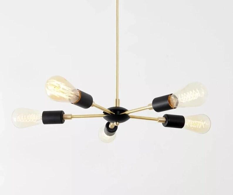 Semi Flush Mount Modern Brass 5 Arm Lights Sputnik Chandelier Brushed Brass Finish Bedroom Lights Fixture