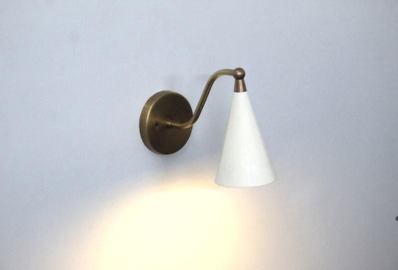Brass Wall Light Sconce Mid Century - Raw Brass Finish with Matte White Cone Shade Fixtures - Bedroom Lights - Vanity Lamps